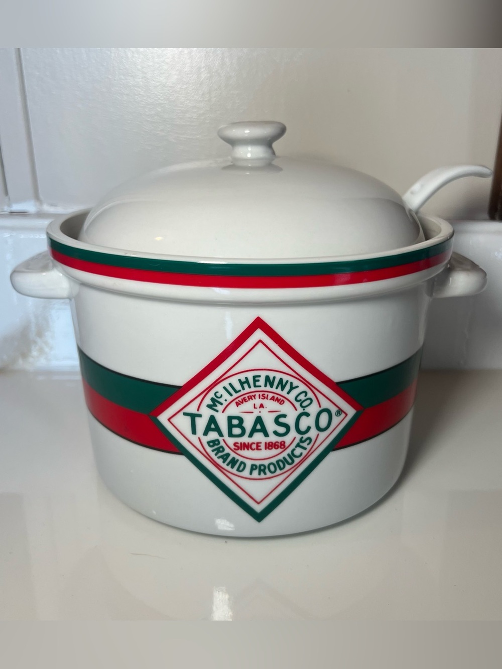 Tabasco White Ceramic Covered Sauce Pot with Red and Green Stripes